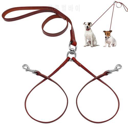 2 Way Real Leather Coupler Dog Walking Leash Dual No Tangle Lead For 2 Dogs Good For Small Medium Breeds Brown