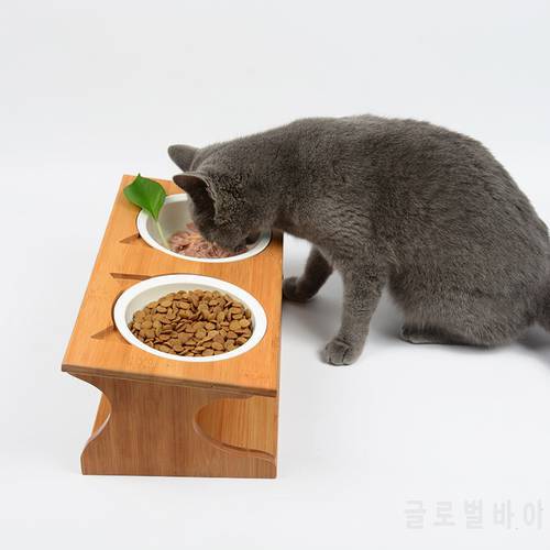 Height protection Pet Cat Bowl Dog Bowl Ceramic double Bowl Oblique Solid Wood Dining Table Simple Atmosphere Cat Supplies