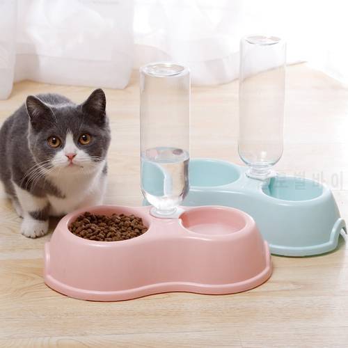 Round Plastic Pet Double Bowl with Drinking Bottle Automatic Water Storage Drinking Dish Feeder Cat Dog Feeding Supplies