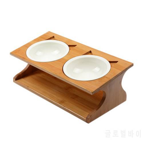Pet wooden Tilted Feeders Pet Anti-slip Double Ceramic Bowl Cat Dish with Slope Base Lovely Pet Bowls with bamboo stand CW210