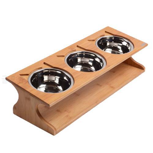 Health Pet Feeder Three Bowls Stainless Steel with Bamboo Frame Stand Dog Cat