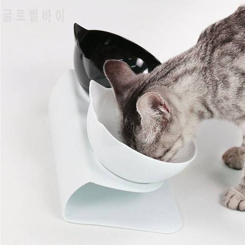 White and Black Protect Neck Double Bowls Removable Eating or Drinking Cat Feeder cute Kitten Shape Comfort Angle Pet Supplies