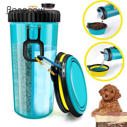 Benepaw 2 In 1 Dog Food Water Bottle With 2 Collapsible Bowls Nontoxic Portable Travel Leakproof Pet Drinking Bottle Feeder