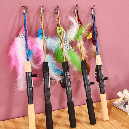 Stick Feather Wand Toys Cat Interactive Toy Fish-shaped Telescopic Fishing Rod Cat Teaser Toy Supplies Random Color