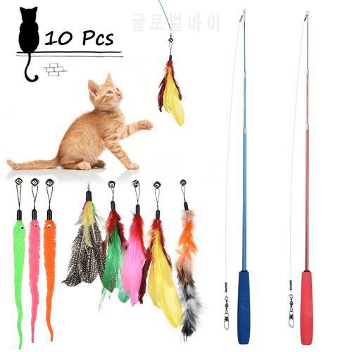 10 Pc Funny Cat Stick Bell Ball Feather Toys Pet Multi Feather Teaser & Exerciser for Kitten Cat Toy Interactive Cat Wand