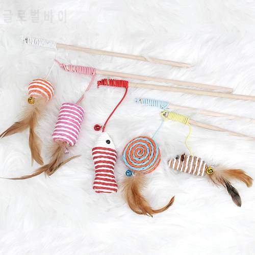 30cm Pet Cat Teaser Toys Feather Linen Wand Cat Catcher Teaser Stick Cat Interactive Toys Wood Rod Mouse Toy With Mini Bell