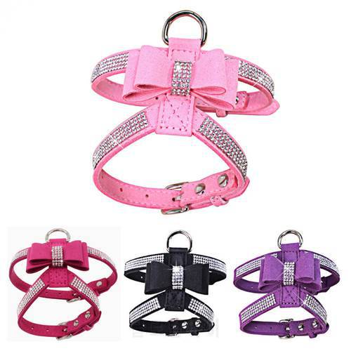 Bling Rhinestone Pet Puppy Dog Harness Velvet Leash with Bowknot for Small Dog Puppy Cat Chihuahua Pink Collar Pet Products