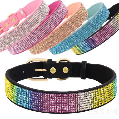 Bling Rhinestones Dog Cat Collar Suede Leather Dog Puppy Collars Crystal Diamante Necklace for Small Dogs Cats Chihuahua
