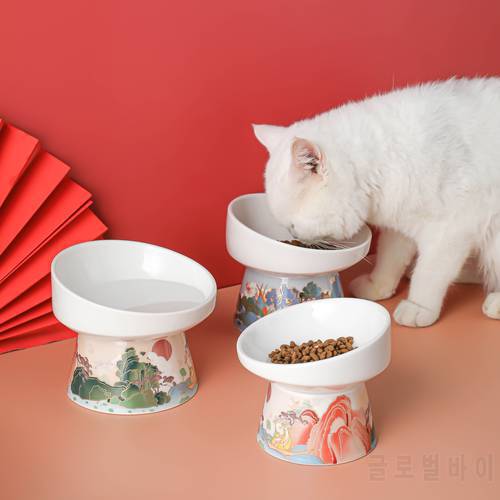 Ceramic Cat Bowl Feeder with Mat Raised Stand Bone China Cervical Protect Food Water Ceramic Bowl for Cat Small Dog Pet Supplies