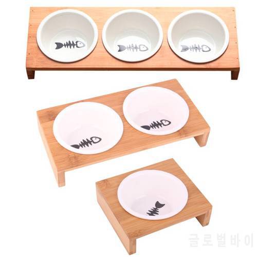 1pcs Elevated Pet Bowls, Raised Dog Cat Feeder Solid Bamboo Stand Ceramic Food Feedin