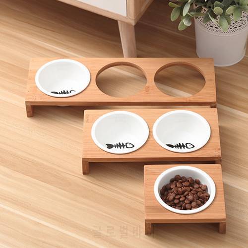 Elevated Pet Bowls, Raised Dog Cat Feeder Solid Bamboo Stand Ceramic Food Feedin Dropshipping