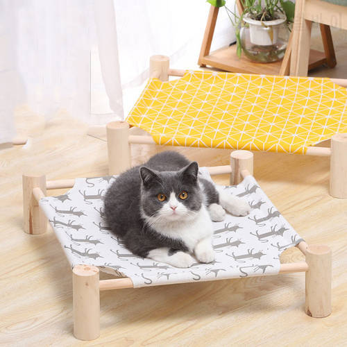 Canvas Cat Bed Elevated Wood Cat Hammock Removable Cat Bed House Breathable Cat Puppy for Small Rabbit Cats Dogs