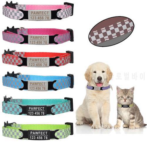 New Reflective Plaid Pet Colar Custom Personalized ID Free Engraving Cat Nylon Adjustable for Puppy Kittens Necklace