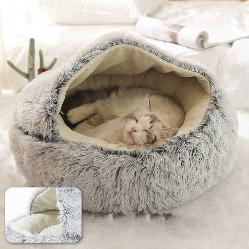 Cat Warm Bed Pet Dog Cat Bed Round Plush House Soft Sleeping Sofa Long Plush Beds for Small Medium Dogs Cats Nest Cave Cushion
