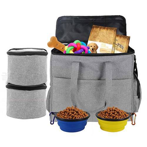 Pet Dogs Travel Shoulder Bag Multi-function Dog Food Tote Carrier Container Organizer with Collapsible Bowl for Hiking Camping