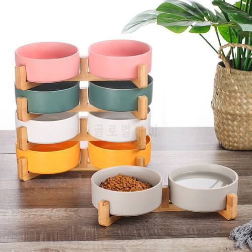 Cats Small Dogs Ceramic Cat Dog Bowl Dish with Wood Stand No Spill Pet Food Water Feeder