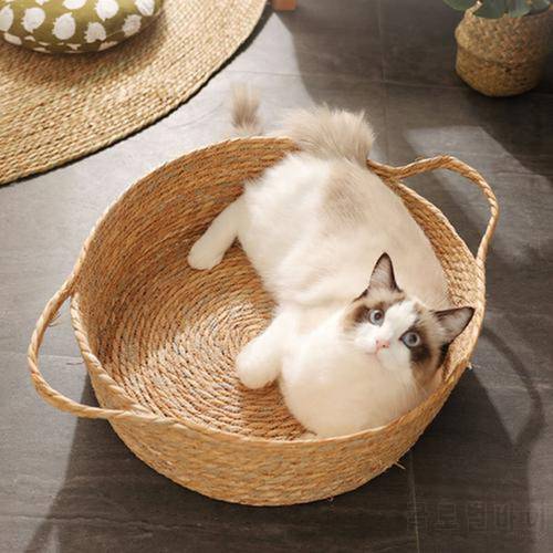 Pet Bed for Cats Cat Bed Supplies Hand Woven Rattan Soft Bed Round Cat Bed Basket Nest Breathable Mat Pet Sleeping Bed Cool