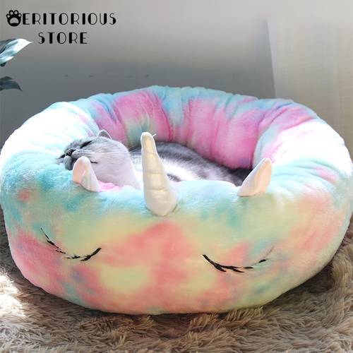 Warm Dog Cat Bed Pet House Unicorn Round Pet Sofa Non-slip Durable Colorful Lounger Cushion Winter Dog Kennel Puppy Mat Bed