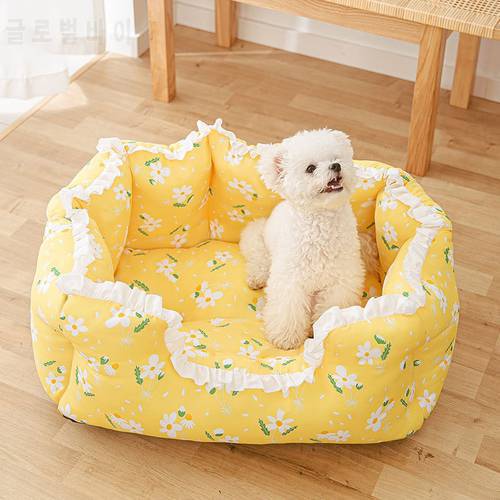 Dog Bed Princess Pet House Flowers Print High Bolster Floral Kennels Cool Cat Sleeping Sofa Pillow for Small Medium Puppy Cats