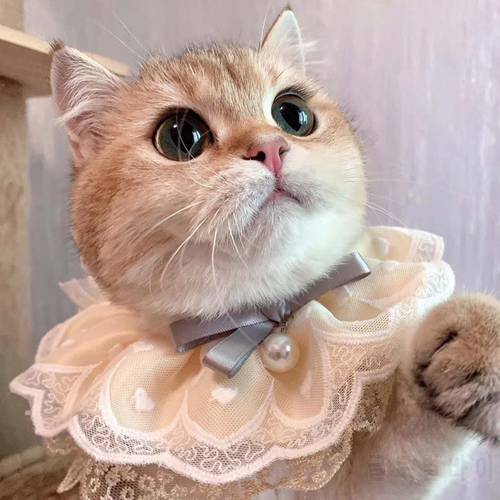Cat Saliva Towel Pet Accessories Cat Bib Lace Pearl Pendant Dog Collar Bib Adjustable Cat Harness Collar Cat Pendant Necklace