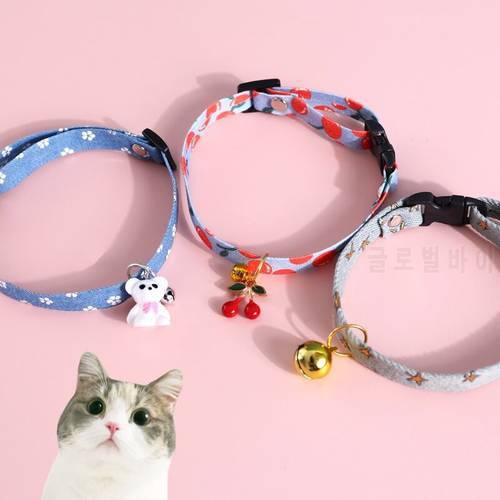 Denim 1pcs Kitten Bronzing Cat Collar Adjustable With Bell Bear Cherry Rainbow 8 Kinds New Pendant Puppy Dog Collar Pet Supplies