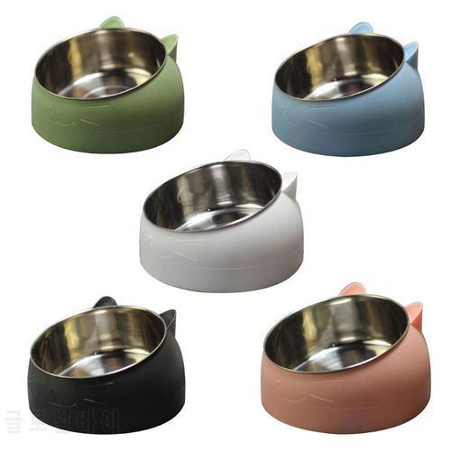 Cat Dog Bowl 15 Degrees Tilted Stainless Steel Cat Food Container Non-slip Base Pet Water Feeder Safeguard Neck Puppy Cats Bowls