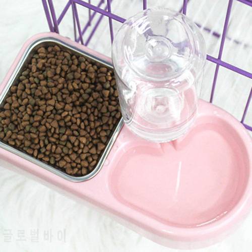 Pet Cat Dog Auto Feeder Water Dispenser Double Drinking Bowl Dish Food Anti-leakage Container Pink Large-capacity Food Storage