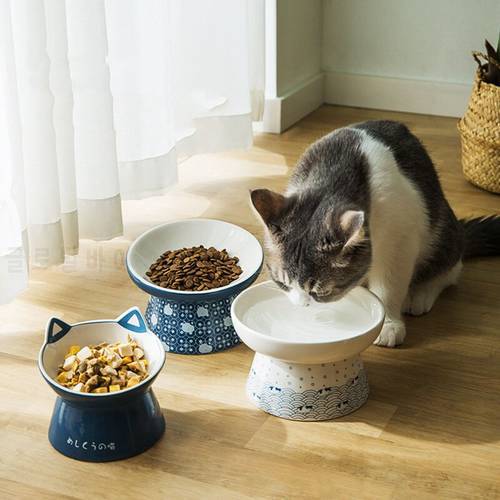 Non-slip Ceramic Cat Bowl Feeder with Raised Stand Bone Cervical Protect Food Water Cat Bowl Ceramic Small Dogs Pet Feeder