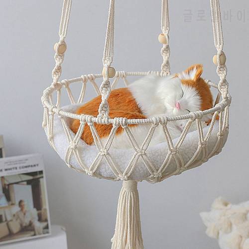 Hand-woven Summer Cat Hammock Bohemian Style Cotton Rope Hanging Swing Bed Sleeping Basket for Kitten Kitty House Pet Supplies