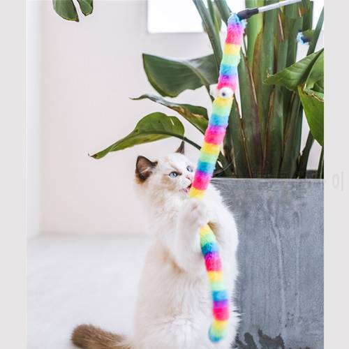 Cat Toy Teasing Wand Toys Pet Interaction Funny Plush Colorful Caterpillar Feather Cute Cat Accessories Kittens