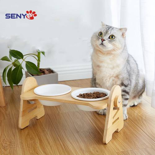 Cat Bowl Ceramic Double Bowl With Oblique Mouth To Protect Cervical Spine Cat Food Bowl Anti-Overturning Pet Dog Bowl Adjustable
