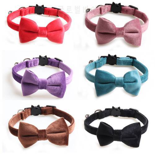 Velvet Cat Collar Solid Color Bowknot Puppy Chihuahua Necklace With Bell Adjustable Safety Buckle Cats Bow Tie Pets Accessories