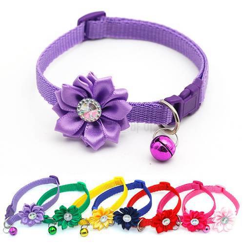 1pcs Adjustable Pet Collar Flower Bell Crystal Dog Cat Collar Easy Wear Buckle Lovely Dogs Cats Necklace Pets Decor Accessories