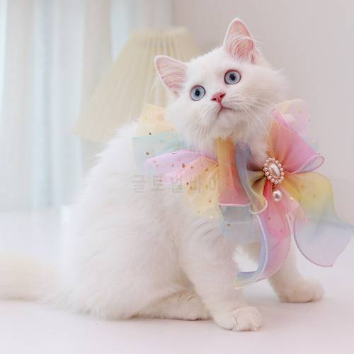 Pearl Bowknot Tulle Cat Collar Bling Glitter Bells Jeweled Sash Dog Scarf for Girl Satin Rainbow Flocking Kitten Puppy Bows Rag
