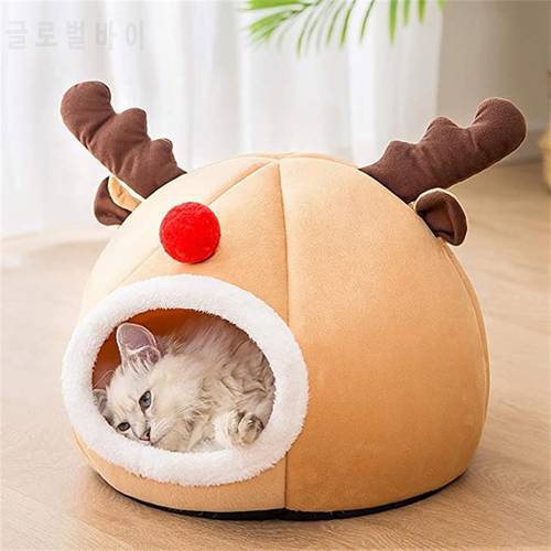 Pet Cat Bed House Cute Elk-shaped Kennel Nest Winter Warm Puppy Kitten Bed Cushion Comfortable Cat House Cave Christmas Pets Pad