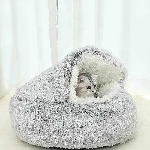 2 In 1 Winter Warm Cat Bed Round Soft Long Plush Hooded Cat Bed Cave Pet Dog Beds For Indoor Small Dogs Kennel Cats Nest
