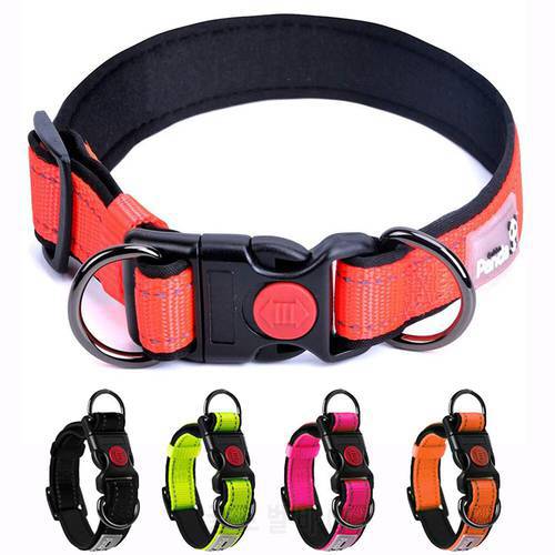 Reflective Padded Dog Collar Durable Strong Double D Ring Safety Nylon Pet Dog Collars Adjustable for Small Medium Large Dogs