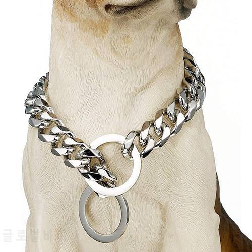 Silver Slip Chain Dog Collar Cuban Link Chain Metal Links Heavy Duty Smooth Flat Chain Leash Collar for Small Medium Large Dogs