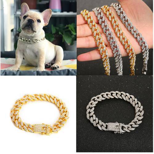 Dog Collar Chain Harness French Bulldog Metal with Diamond 12.5mm Width Cat Collars for Dogs Accessories Pet Items Dropshipping