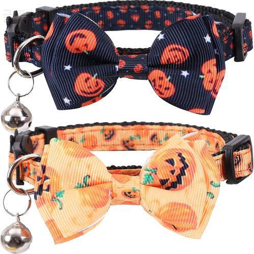 Halloween Cat Collar Breakaway with Bell and Bow Tie Ghost Pumpkin Patterns New Adjustable Nylon Safety Kitten Collar for Party