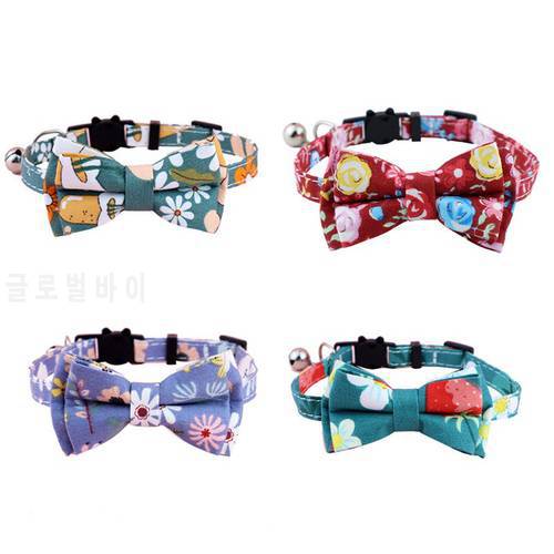 Flower Pattern Bowknot Cat Collar with Bell Safety Buckle Puppy Chihuahua Necklace Adjustable Kitten Bow Tie Pets Supplies