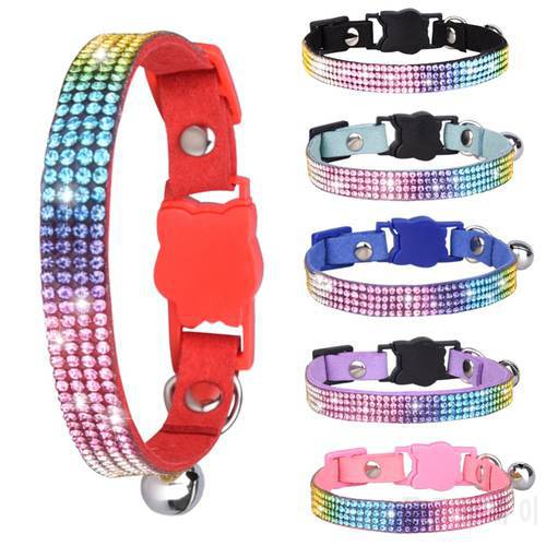 Color Diamond Cat Necklace Cat Head Safety Buckle Pet Collar Puppy Cat Collars Adjustable Leather Bell Kitten Collar For Small*