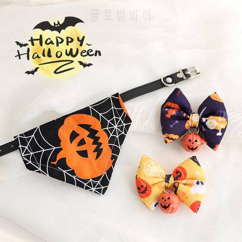 Halloween Cat Collar Breakaway with Bowtie Bell Kitten Collar with Removable Bow Pumpkin Pet Bandana for Kitty Puppy Small Dogs