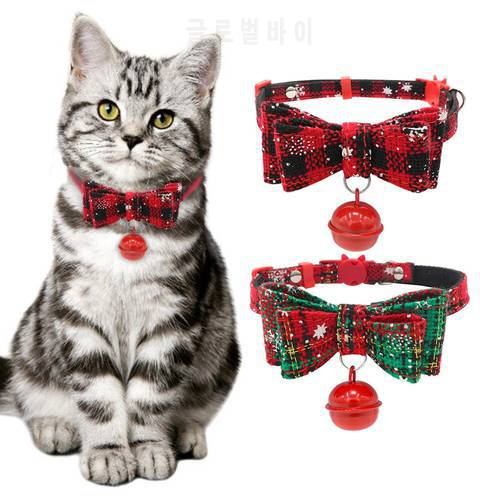 Christmas Cat Bow Tie Collars With Bell Snowflakes Plaid Pet Xmas Collar Costume For Small Dog Puppy Cat Pet Accessories