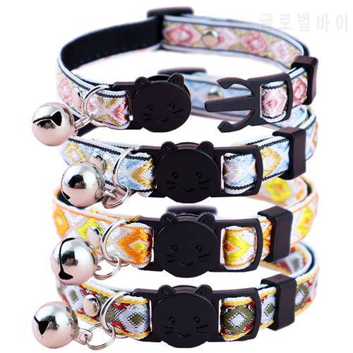 Ethnic Jacquard Cat Collar with Bell Adjustable Kitten Neck Strap Safety Buckle Anti-suffocation Puppy Necklace Pets Supplies