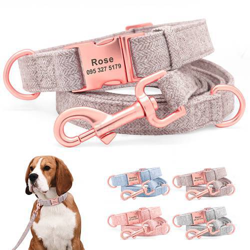 Custom Engraved Dog Collar and Leash Durable Hemp Pet ID Collars Lead Rope With Name Buckle Plate For Small Medium Large Dogs