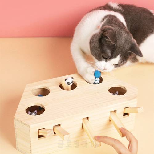 Cat Hunt Toy Chase Mouse Solid Wooden Interactive Maze Pet Hit Hamster Cat Hit Gophers With 3/5-holed Mouse Scratch Pet Game