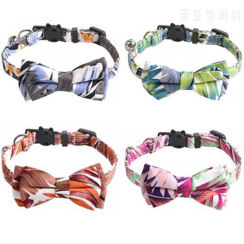 Breakaway Cat Collar with Bow Tie and Bell Hawaii Style Leaf Pattern Dog Safety Kitten Collars Soft Adjustable Bowties for Dogs