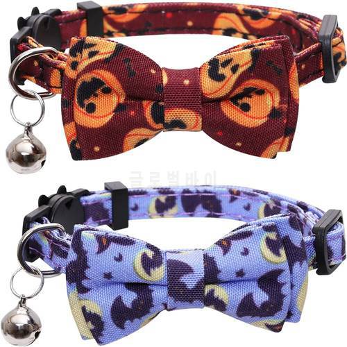 Halloween Cat Collar Breakaway with Cute Bow Tie and Bell Pumpkin Lantern Bat Spider Pattern for Kitty Adjustable Safety Collars