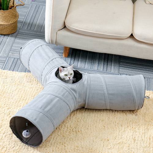 Cat Tunnel Toy Pet Tube Crinkle Collapsible with Hanging Ball Funny Play for Kitten Rabbit Pets Grey